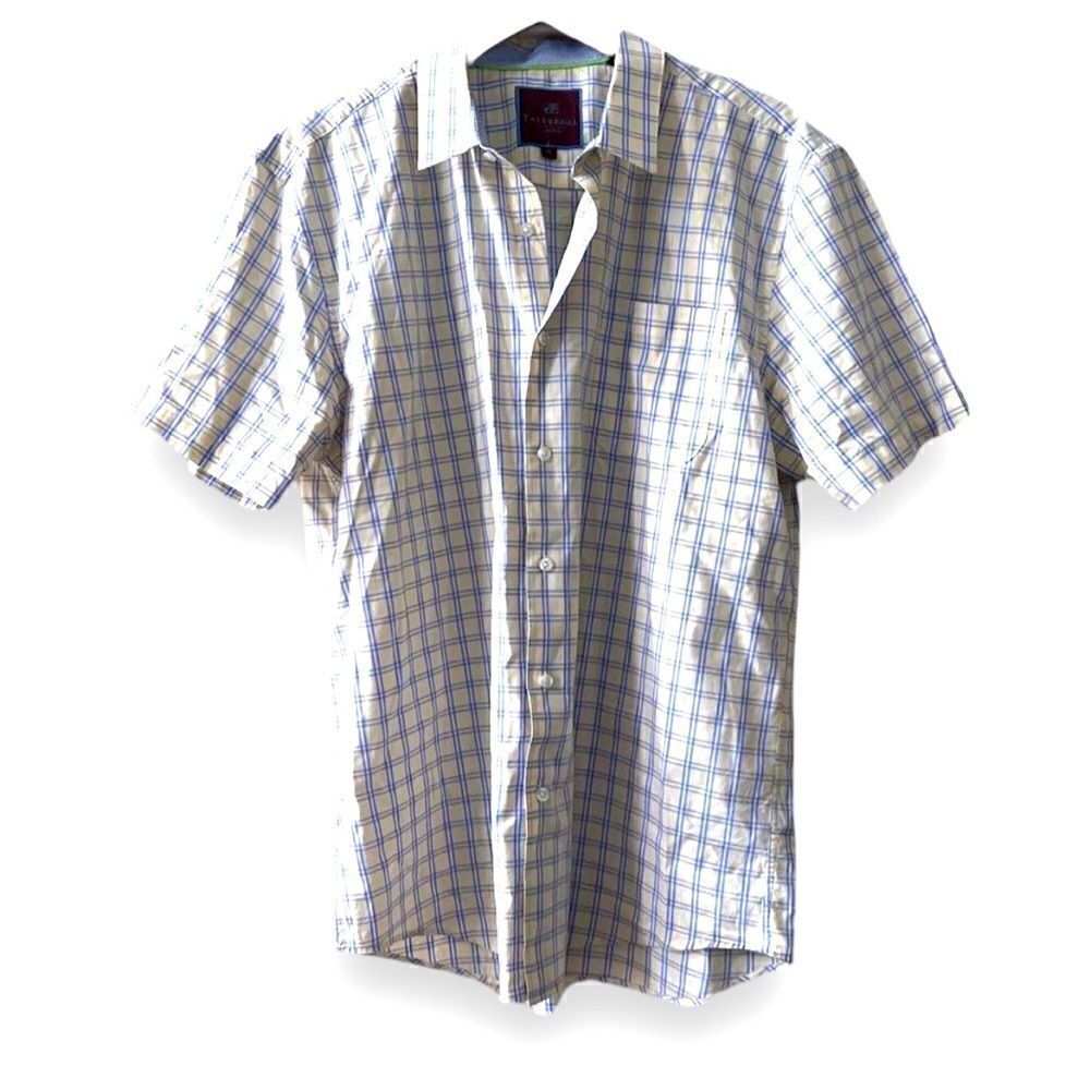Tattersall London Button‎ Down Shirt Mens XL  Blue Yellow Plaid Short Sleeves